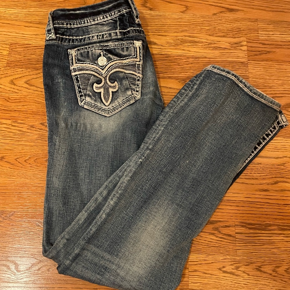 Rock Revival Faded Blue Boot Cut Jeans with Embroidered Detail